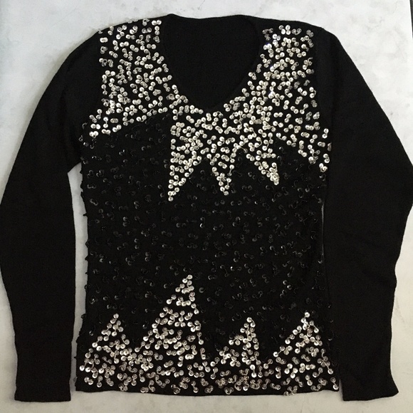 Hand Sewn Black Sparkly Sequin Pullover Sweater - Picture 2 of 10